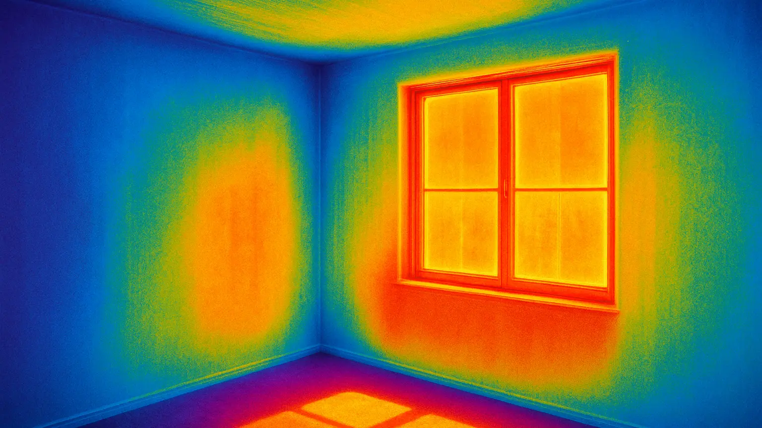 Thermal camera image of a west-facing room showing heat distribution patterns through windows, walls, and ceiling during afternoon sunlight.